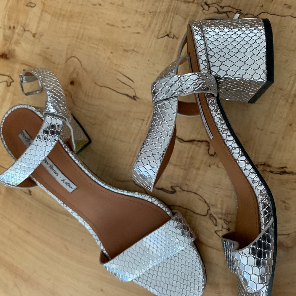 DISCO SILVER SNAKE BLOCK HEELS  SANDALS